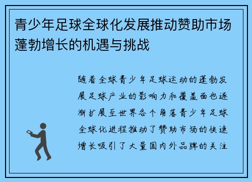 青少年足球全球化发展推动赞助市场蓬勃增长的机遇与挑战